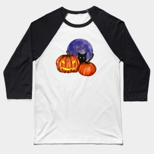 Halloween Black Cat Orange Pumpkins Art Baseball T-Shirt